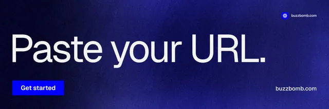 X header for BuzzBomb: "Paste your URL." Swiss style, poster layout, dark palette in blue.
