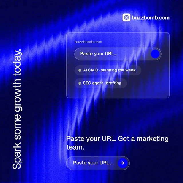 Instagram post for BuzzBomb: "Spark some growth today." Agentic glass style, vertical layout, dark palette in blue.