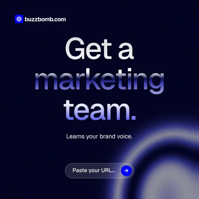 Instagram post for BuzzBomb: "Get a marketing team." Agentic glass style, centred layout, dark palette in black, blue.