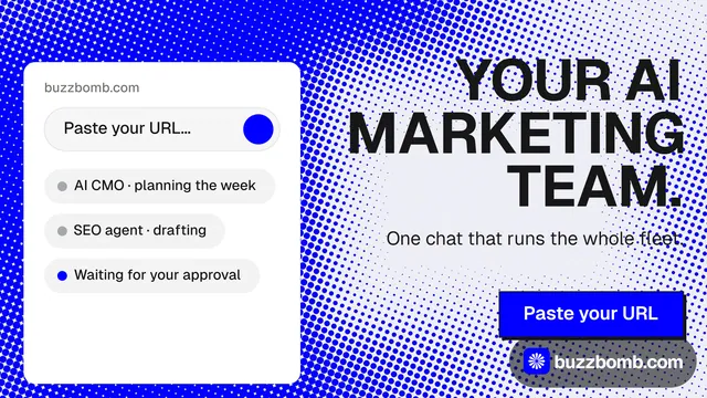 Landscape graphic for BuzzBomb: "Your AI marketing team." Brutalist style, right layout, light palette in blue, white.