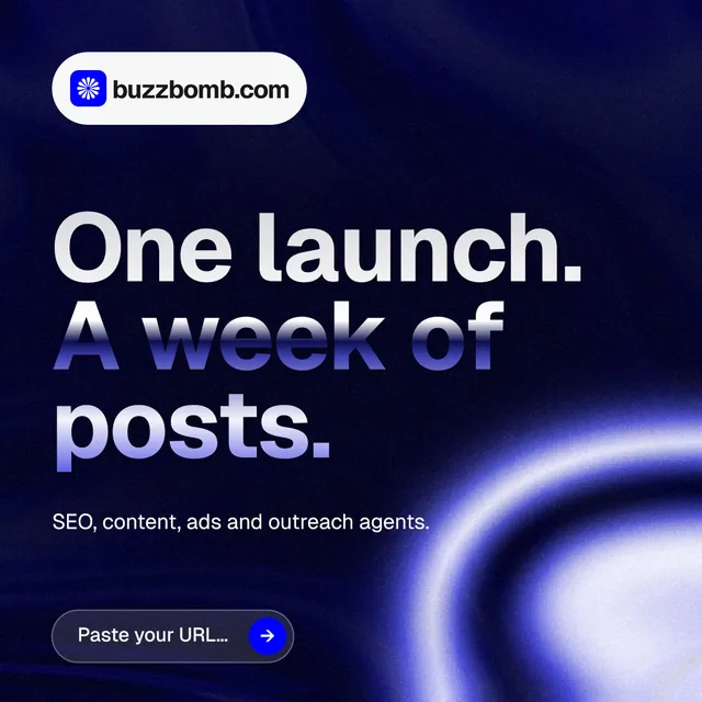 Instagram post for BuzzBomb: "One launch. A week of posts." Agentic glass style, announce layout, dark palette in black, blue.