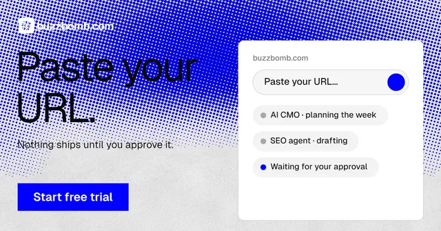 Social ad for BuzzBomb: "Paste your URL." Swiss style, bottom layout, light palette in white, blue.