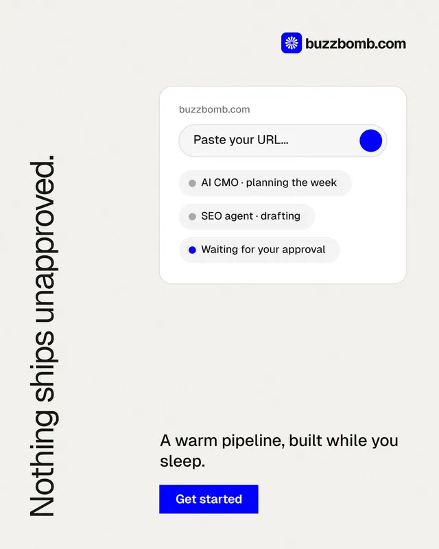 Instagram portrait post for BuzzBomb: "Nothing ships unapproved." Swiss style, vertical layout, light palette in white.