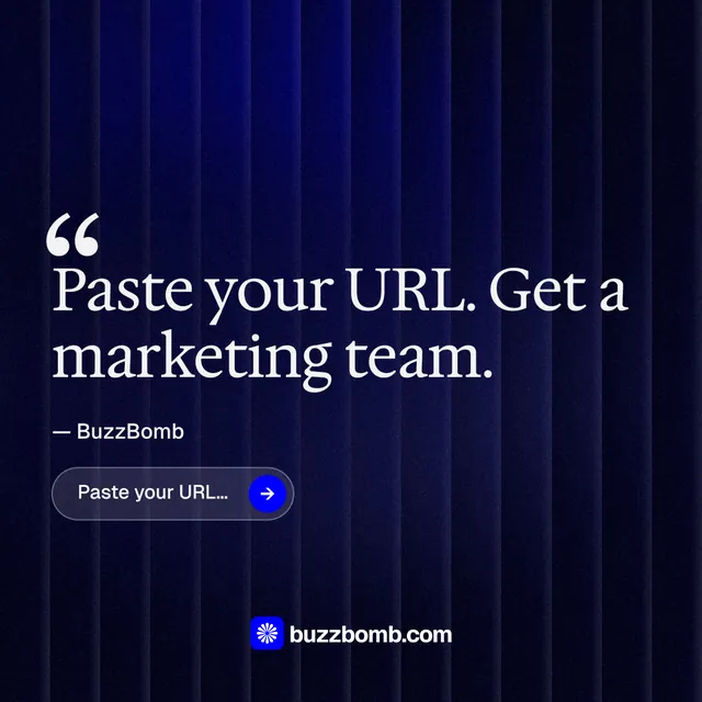 Instagram post for BuzzBomb: "One launch. A week of posts." Agentic glass style, quote layout, dark palette in black, blue.