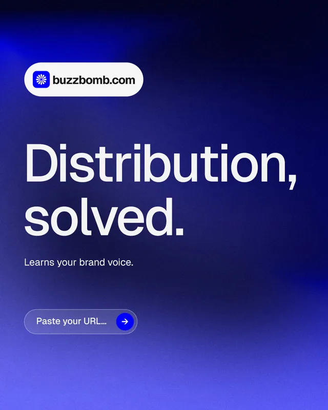 Instagram portrait post for BuzzBomb: "Distribution, solved." Agentic glass style, announce layout, dark palette in blue.