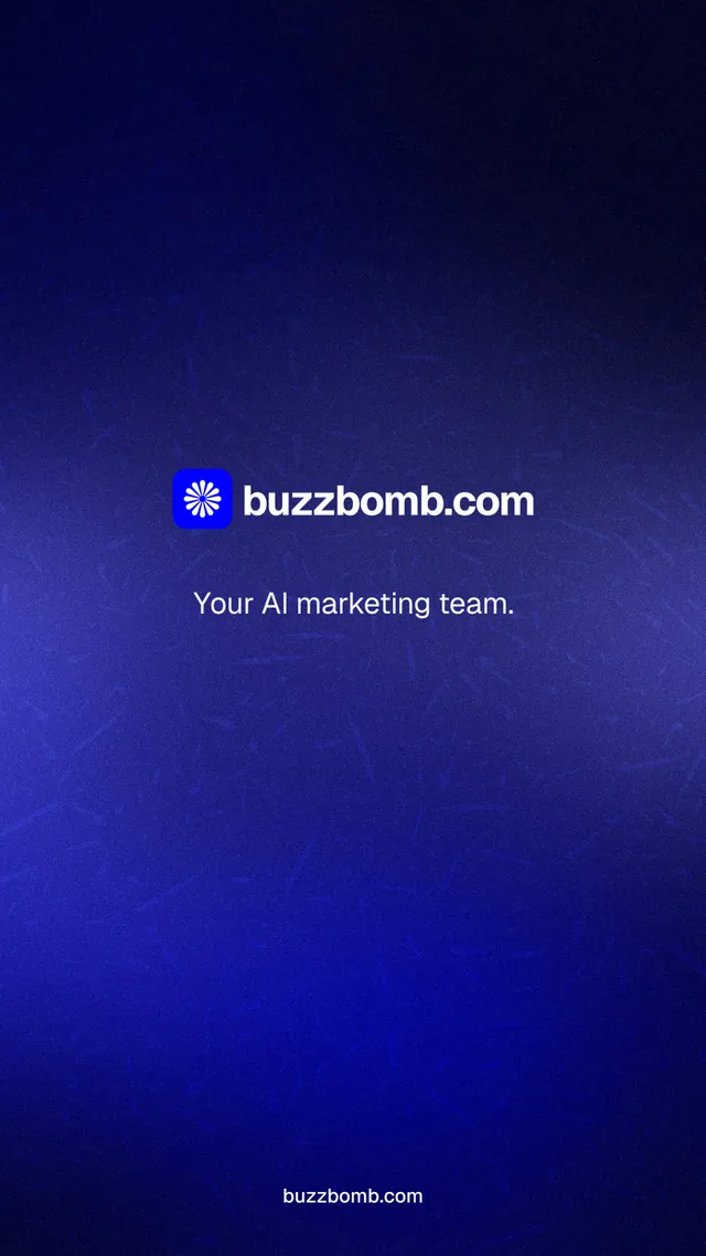 Instagram story for BuzzBomb: "Your AI marketing team." Swiss style, end card layout, dark palette in black, blue.