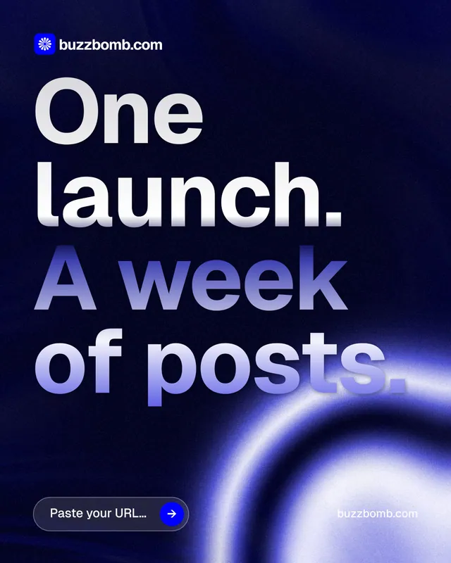 Instagram portrait post for BuzzBomb: "One launch. A week of posts." Agentic glass style, poster layout, dark palette in black, blue.