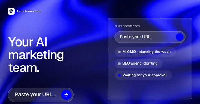 Social ad for BuzzBomb: "Your AI marketing team." Agentic glass style, bottom layout, dark palette in blue.