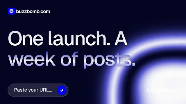Landscape graphic for BuzzBomb: "One launch. A week of posts." Agentic glass style, poster layout, dark palette in black, blue.