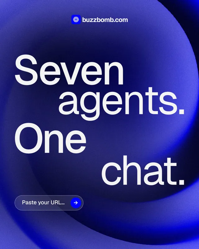 Instagram portrait post for BuzzBomb: "Seven agents. One chat." Agentic glass style, stacked layout, dark palette in blue.