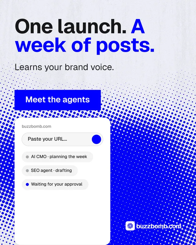 Instagram portrait post for BuzzBomb: "One launch. A week of posts." Swiss style, skeleton layout, light palette in white, blue.