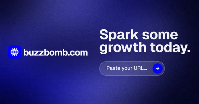 Social ad for BuzzBomb: "Spark some growth today." Agentic glass style, logo hero layout, dark palette in blue.