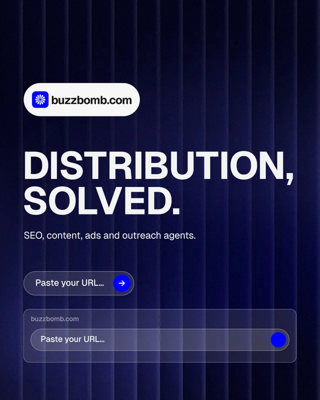 Instagram portrait post for BuzzBomb: "Distribution, solved." Agentic glass style, announce layout, dark palette in blue, black, grey.