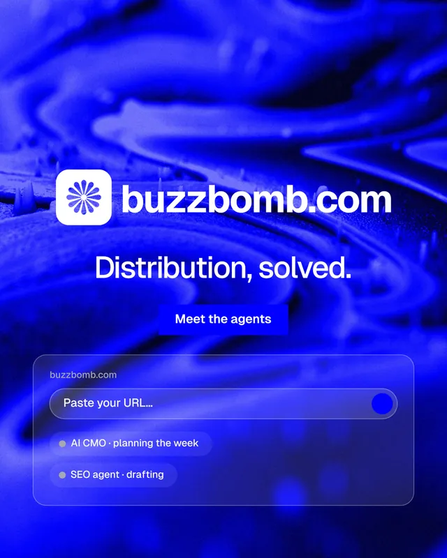 Instagram portrait post for BuzzBomb: "Distribution, solved." Swiss style, logo hero layout, dark palette in blue.