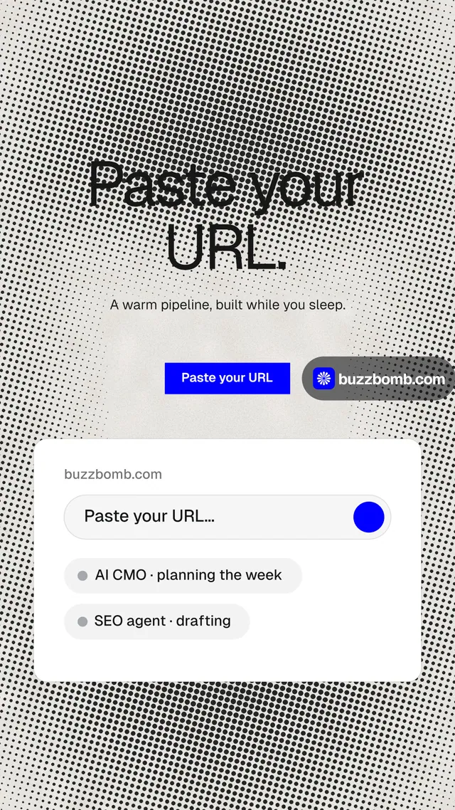 Instagram story for BuzzBomb: "Paste your URL." Swiss style, centred layout, light palette in grey, white.