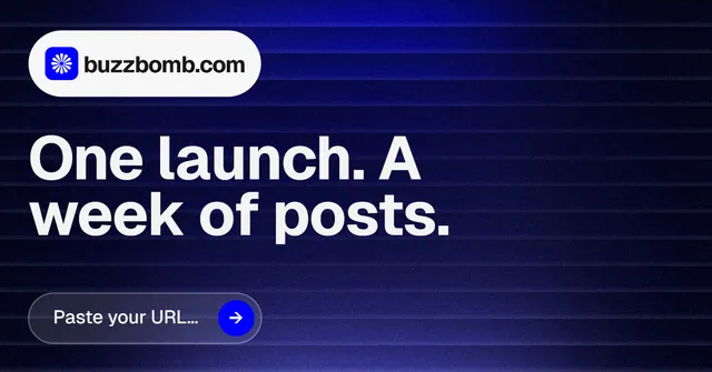 Social ad for BuzzBomb: "One launch. A week of posts." Agentic glass style, announce layout, dark palette in black, blue, grey.