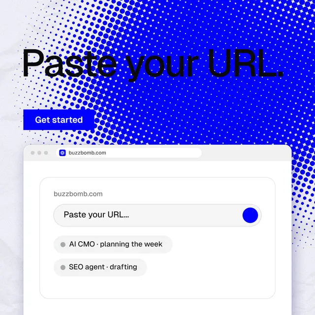 Instagram post for BuzzBomb: "Paste your URL." Swiss style, browser layout, light palette in blue, white.