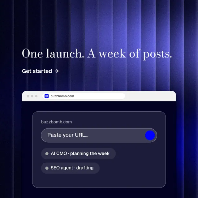 Instagram post for BuzzBomb: "One launch. A week of posts." Minimal luxury style, browser layout, dark palette in black, blue.