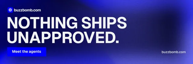 X header for BuzzBomb: "Nothing ships unapproved." Swiss style, poster layout, dark palette in blue.