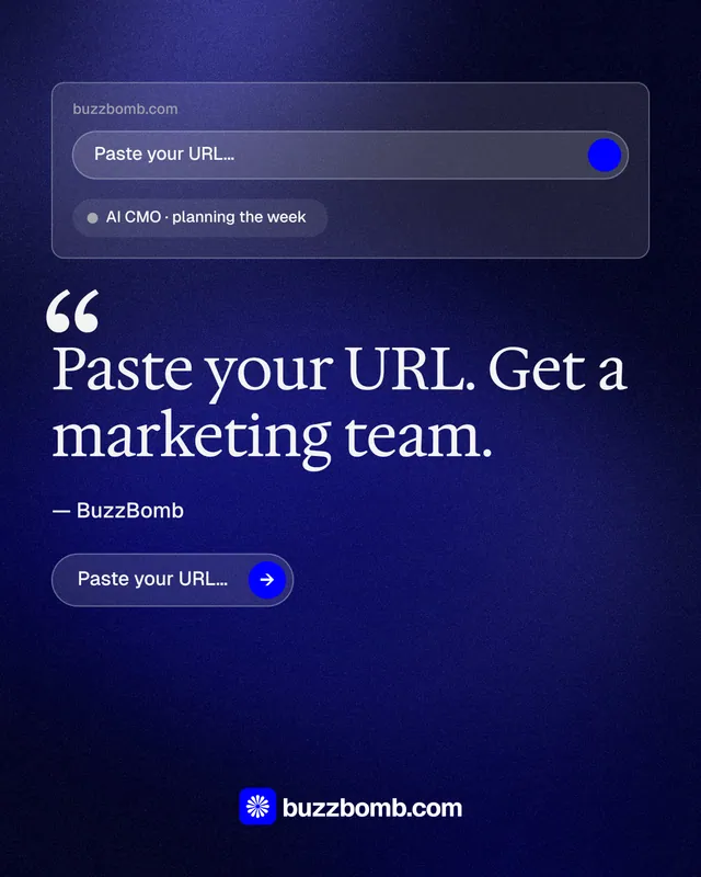 Instagram portrait post for BuzzBomb: "Paste your URL." Agentic glass style, quote layout, dark palette in black, blue.