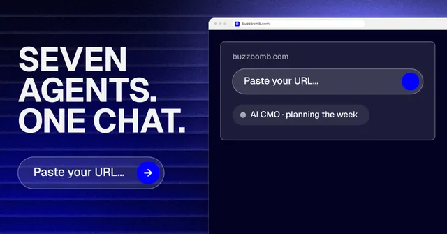 Social ad for BuzzBomb: "Seven agents. One chat." Agentic glass style, browser layout, dark palette in blue, black, grey.