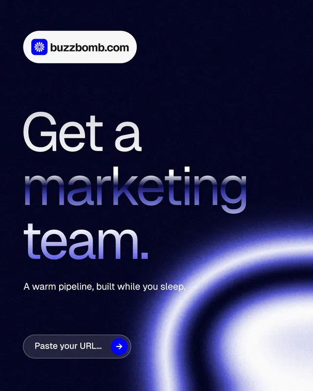 Instagram portrait post for BuzzBomb: "Get a marketing team." Agentic glass style, announce layout, dark palette in black, blue.