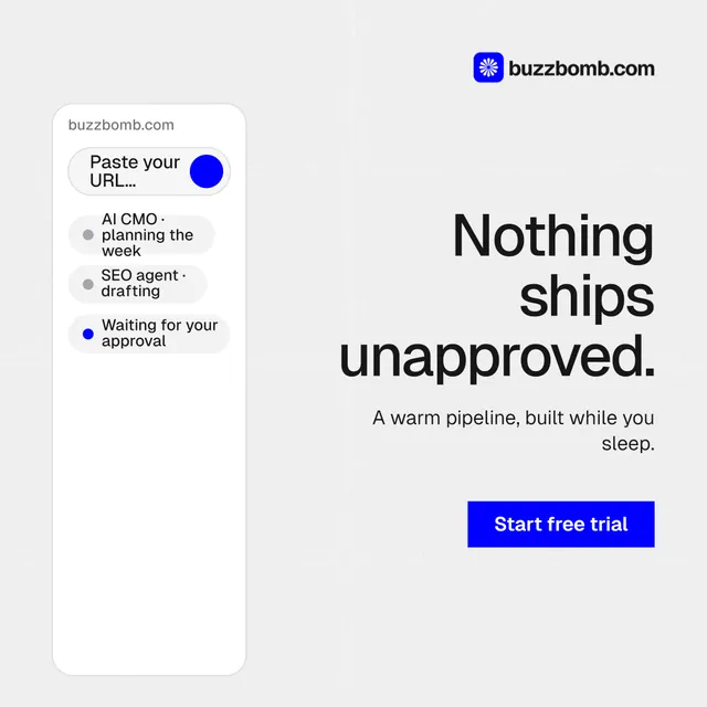 Instagram post for BuzzBomb: "Nothing ships unapproved." Swiss style, right layout, light palette in white, blue.