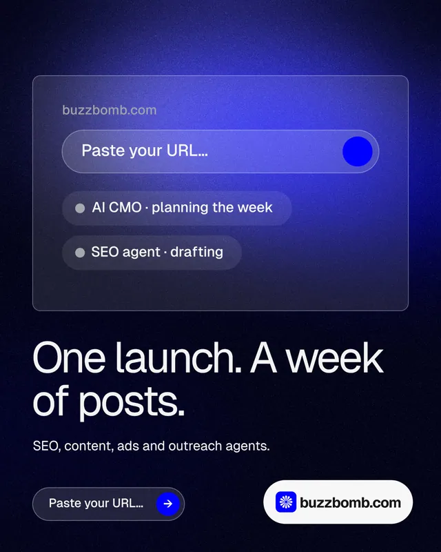 Instagram portrait post for BuzzBomb: "One launch. A week of posts." Agentic glass style, bottom layout, dark palette in black, blue.