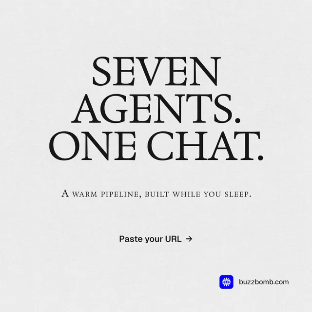 Instagram post for BuzzBomb: "Seven agents. One chat." Swiss style, smallcaps layout, light palette in white, grey.