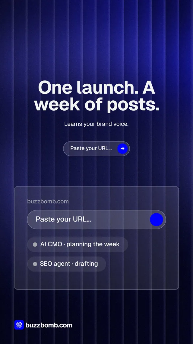 Instagram story for BuzzBomb: "One launch. A week of posts." Agentic glass style, centred layout, dark palette in blue, black, grey.