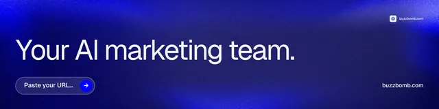 LinkedIn banner for BuzzBomb: "Your AI marketing team." Agentic glass style, poster layout, dark palette in blue.