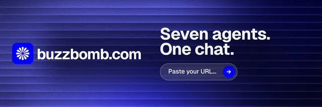 X header for BuzzBomb: "Seven agents. One chat." Agentic glass style, logo hero layout, dark palette in black, blue.