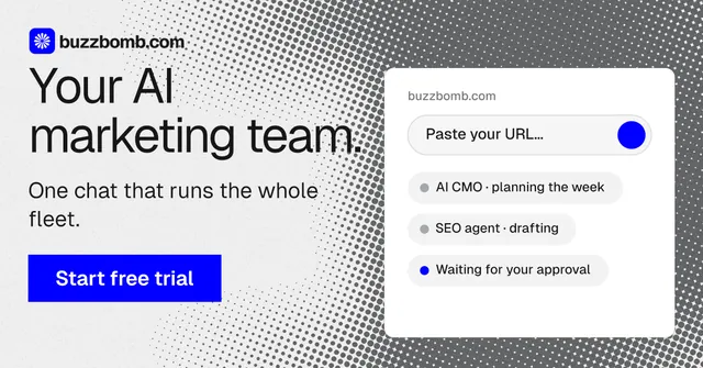 Social ad for BuzzBomb: "Your AI marketing team." Split block style, skeleton layout, light palette in white, grey.
