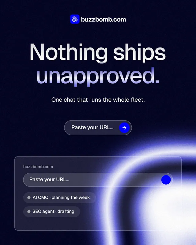 Instagram portrait post for BuzzBomb: "Nothing ships unapproved." Agentic glass style, centred layout, dark palette in black, blue.