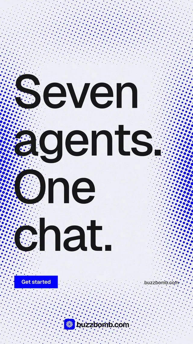Instagram story for BuzzBomb: "Seven agents. One chat." Split block style, poster layout, light palette in blue, white.