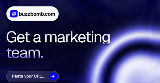 Social ad for BuzzBomb: "Get a marketing team." Agentic glass style, announce layout, dark palette in blue, black.