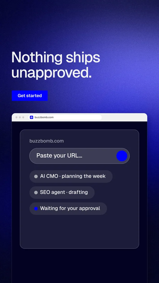 Instagram story for BuzzBomb: "Nothing ships unapproved." Swiss style, browser layout, dark palette in blue, black.
