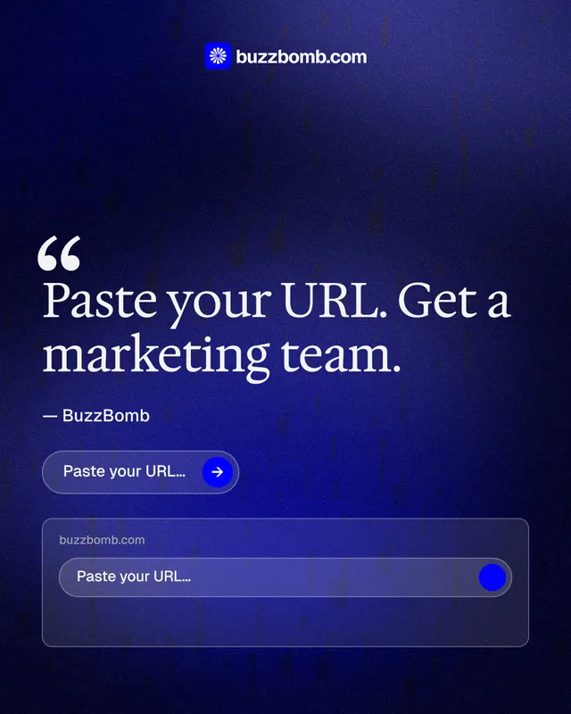 Instagram portrait post for BuzzBomb: "Paste your URL." Agentic glass style, quote layout, dark palette in black, blue.