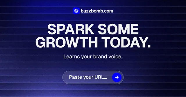 Social ad for BuzzBomb: "Spark some growth today." Agentic glass style, centred layout, dark palette in black, blue, grey.