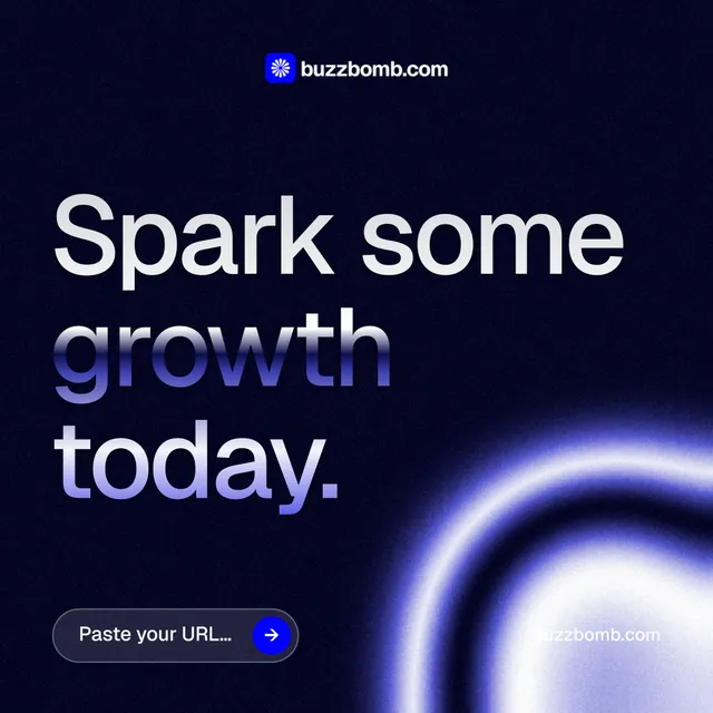 Instagram post for BuzzBomb: "Spark some growth today." Agentic glass style, poster layout, dark palette in black, blue.