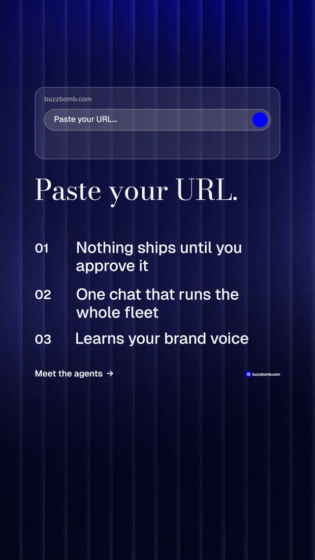 Instagram story for BuzzBomb: "Paste your URL." Minimal luxury style, numbered layout, dark palette in black, blue.