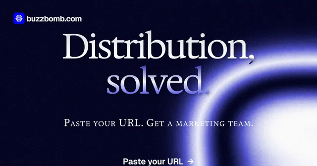 Social ad for BuzzBomb: "Distribution, solved." Agentic glass style, smallcaps layout, dark palette in black, blue.