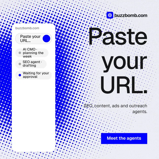 Instagram post for BuzzBomb: "Paste your URL." Split block style, right layout, light palette in white, blue.