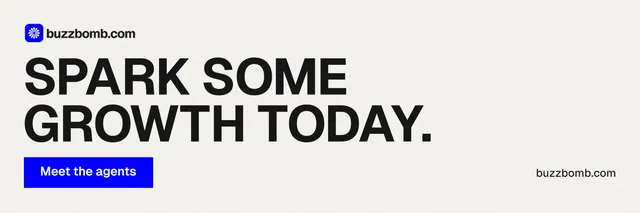X header for BuzzBomb: "Spark some growth today." Swiss style, poster layout, light palette in white, grey.
