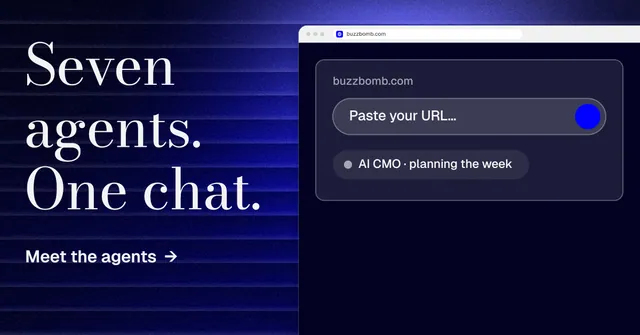 Social ad for BuzzBomb: "Seven agents. One chat." Minimal luxury style, browser layout, dark palette in blue, black.