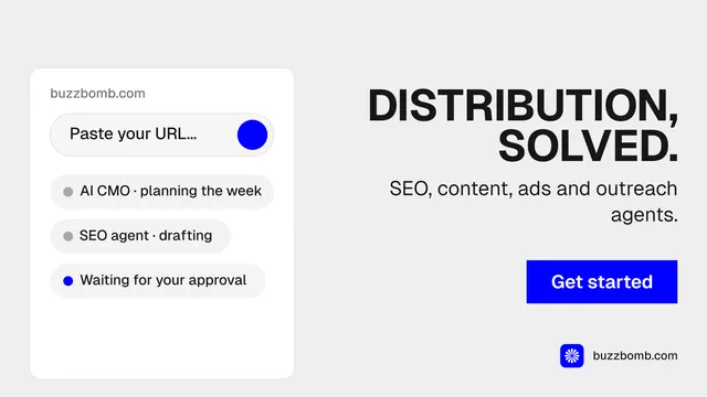Landscape graphic for BuzzBomb: "Distribution, solved." Swiss style, right layout, light palette in white, blue.