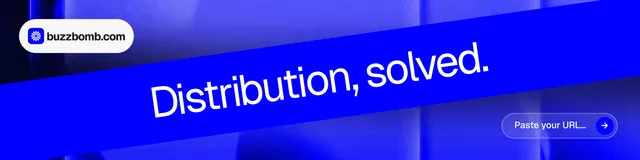 LinkedIn banner for BuzzBomb: "Distribution, solved." Agentic glass style, diagonal layout, dark palette in blue.