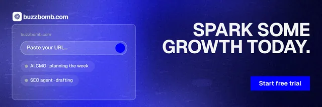 X header for BuzzBomb: "Spark some growth today." Swiss style, right layout, dark palette in blue.