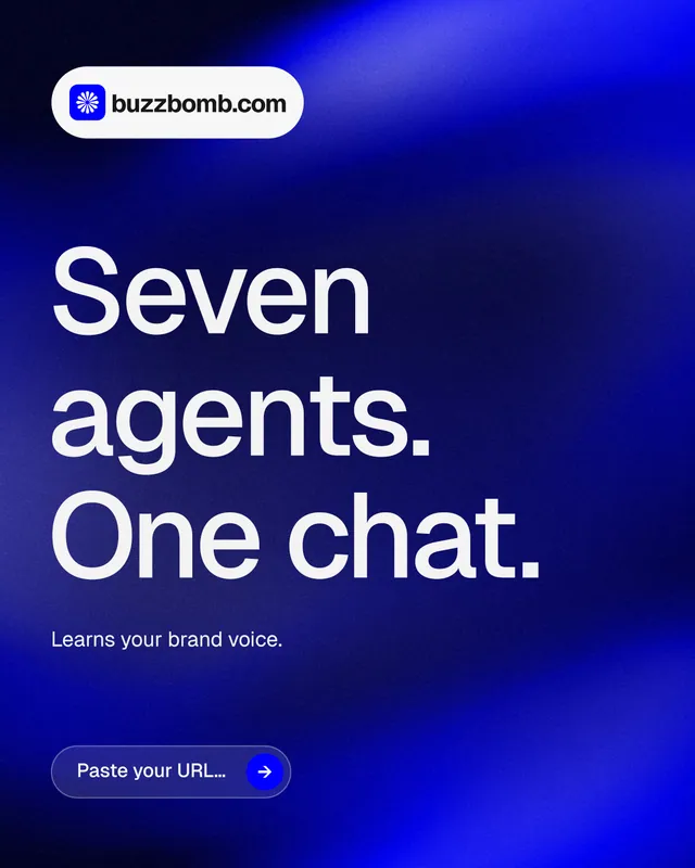 Instagram portrait post for BuzzBomb: "Seven agents. One chat." Agentic glass style, announce layout, dark palette in blue.