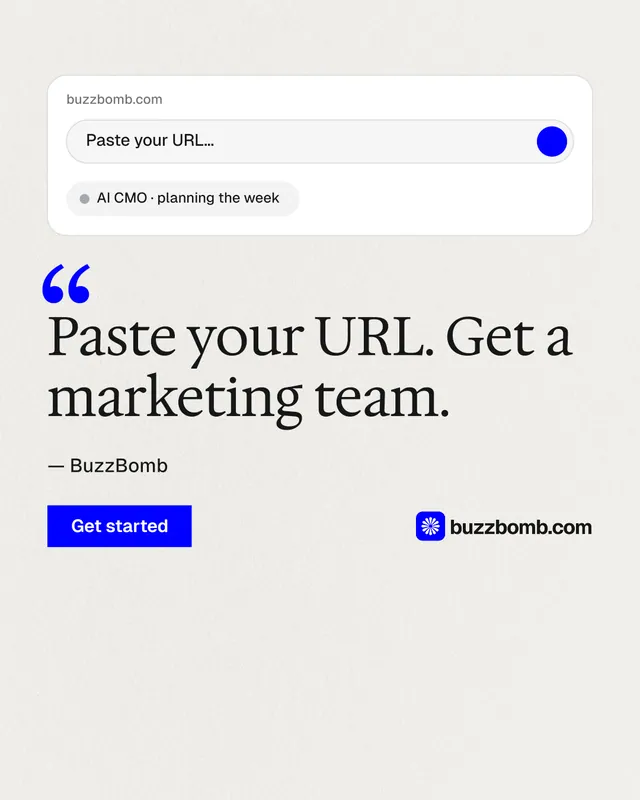 Instagram portrait post for BuzzBomb: "Your AI marketing team." Swiss style, quote layout, light palette in white.